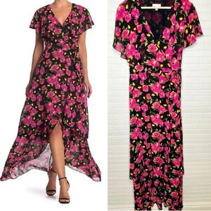 Abound Floral Flutter Sleeve High/Low Maxi Dress Black/Pink Size L
